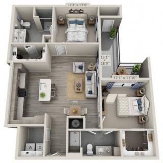 A 3D floor plan of an apartment showcasing two bedrooms, two bathrooms, a kitchen, and a living area.