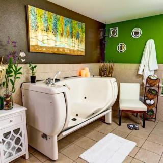 A modern bathroom with a walk-in bathtub, vibrant green and brown walls, and stylish decor.