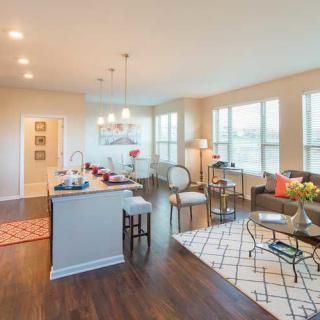 A modern open-plan living room and kitchen with contemporary furniture and ample natural light.