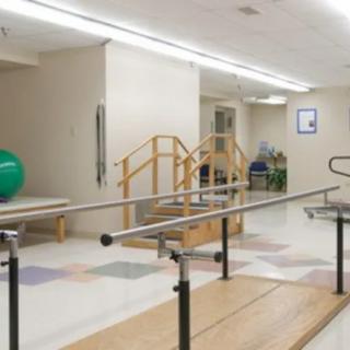 A rehabilitation center equipped with parallel bars and an exercise ball, designed for physical therapy exercises.