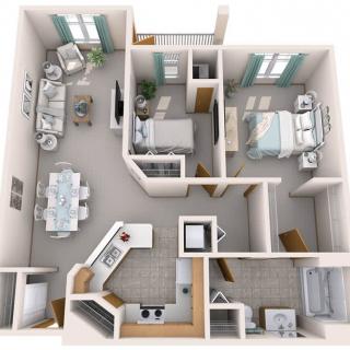 A detailed floor plan of a two-bedroom apartment featuring a kitchen, living room, dining area, and bathroom.