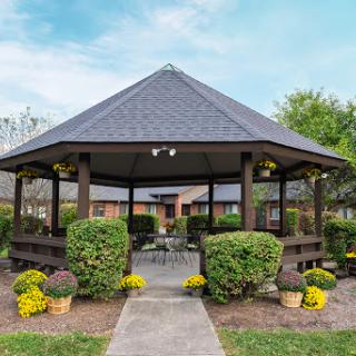 A serene gazebo surrounded by lush greenery and vibrant flowers, perfect for relaxation and enjoying nature.