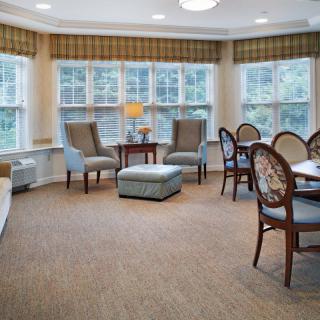 A cozy and well-lit living room with elegant furniture, large windows, and a carpeted floor.