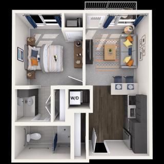 A top view of a compact one-bedroom apartment featuring a combined living and dining area, a kitchen, a bathroom, and a cozy bedroom.