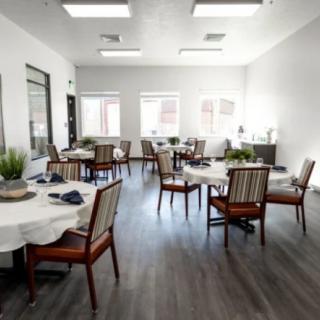 A bright and minimalist dining room with several tables and chairs, adorned with plants and receiving ample natural light.
