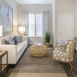 A modern living room with stylish furniture and decor.