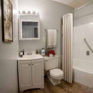 A stylish modern bathroom featuring a sink, toilet, and a shower area with a safety grab bar.