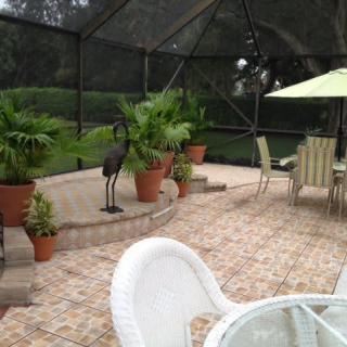 A cozy patio with potted plants and outdoor furniture under a screened enclosure.