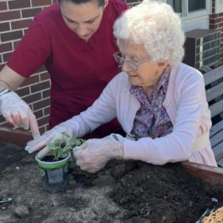 An elderly woman is being assisted by a caregiver while gardening outdoors.