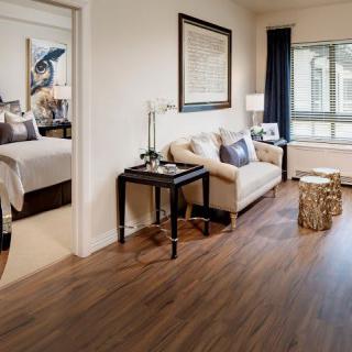 Modern apartment living area with a connected bedroom featuring stylish furniture and wood flooring.