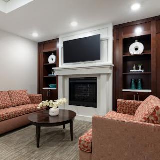 A cozy and elegantly designed living room featuring comfortable seating, a decorative fireplace, and stylish shelving.