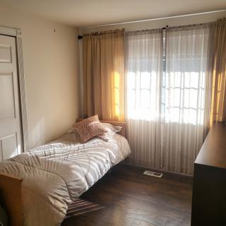 A cozy bedroom with a single bed near a sunlit window covered by sheer curtains.