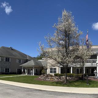 A residential building with a blooming tree under a clear blue sky.