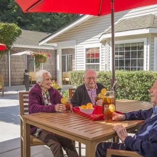 Elderly friends enjoying a sunny day outside on the patio.
