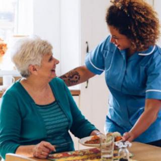 A caregiver assists an elderly woman at home.