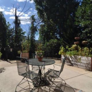 A serene patio area with a table and chairs surrounded by lush greenery.