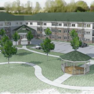An architectural rendering of a multi-story building with a landscaped park area featuring trees and a gazebo.