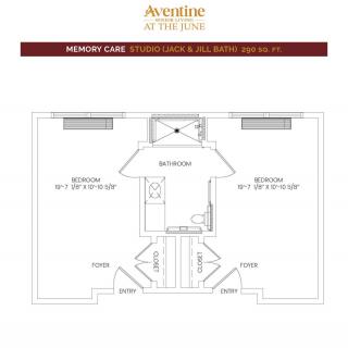 Architectural floor plan for a memory care studio suite with dimensions.