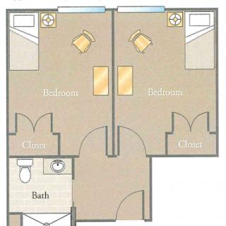 A simple floor plan illustrating a shared apartment with connected bedrooms and a shared bathroom.
