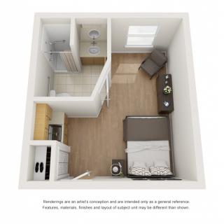 A 3D floor plan of a compact studio apartment featuring a bedroom, kitchenette, and bathroom.