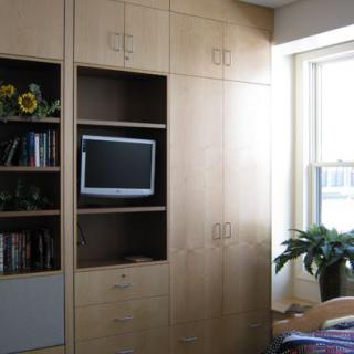 A cozy room featuring a wooden cabinet with a television and bookshelf, next to a window with an indoor plant.