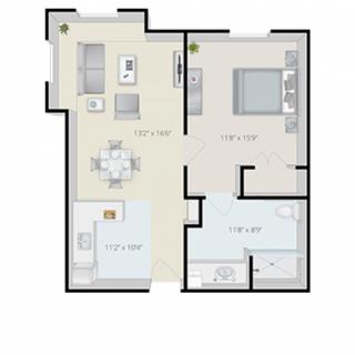 A detailed floor plan of a one-bedroom apartment with designated living, dining, kitchen, bathroom, and bedroom areas.