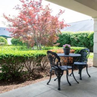 A cozy patio with a table and chairs overlooking a garden with vibrant foliage.