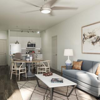 A modern open-concept living room and kitchen with stylish decor and comfortable furniture.