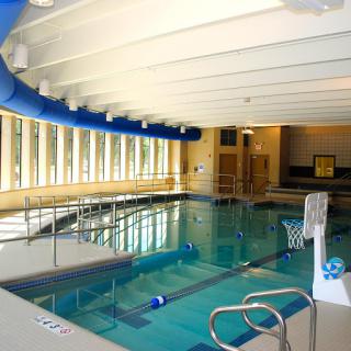 An indoor swimming pool featuring a vibrant blue water slide and plenty of natural light.