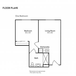 A floor plan of a one-bedroom apartment with designated areas for the bedroom, living room, kitchenette, and bathroom.