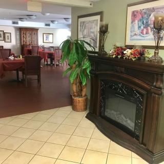 A cozy restaurant interior featuring a decorative fireplace, potted plant, and dining tables in the background.