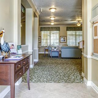 A well-lit hallway featuring furniture and decor, with a carpeted floor and ceiling lights.