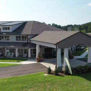 A large house with a driveway surrounded by greenery.