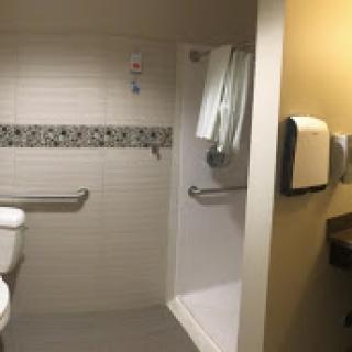 An accessible bathroom featuring a toilet, shower, and safety handrails.