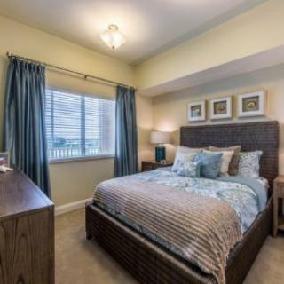 A modern bedroom with stylish decor, featuring a large bed, dresser, and window with blue curtains.