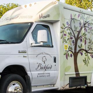 A van with a tree-themed design on its side is parked outdoors.