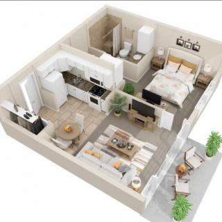 3D floor plan of a modern 1-bedroom apartment.