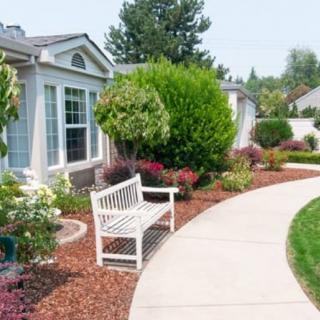 A well-maintained garden with a white bench and a curved pathway leading to a house.