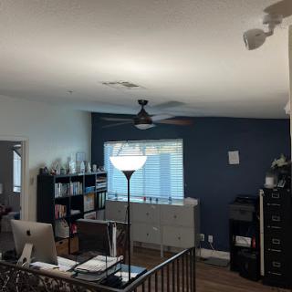 A modern office space featuring a desk, lamp, and bookshelf against a blue wall.