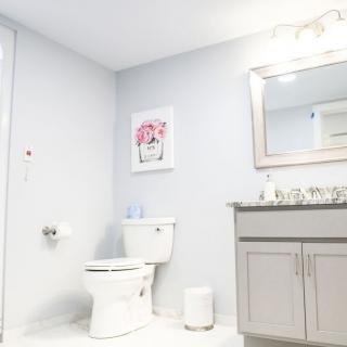 A clean and minimalist bathroom featuring a toilet, sink with vanity, mirror, and framed artwork.
