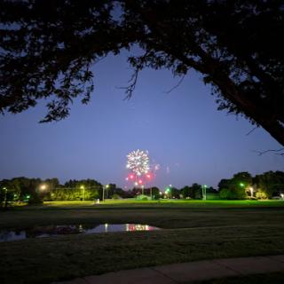 Fireworks lighting up the night sky over a peaceful park.