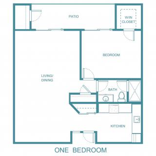 A one-bedroom apartment floor plan featuring a living/dining area, kitchen, bathroom, and closet spaces.