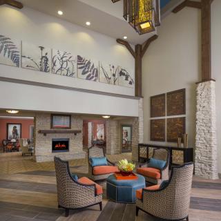 A modern lobby with comfortable seating and stylish decor.