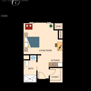A floor plan of a studio apartment showing the arrangement of living room, kitchen, bathroom, and closet.