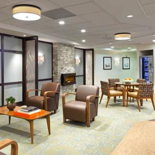 A modern lounge area with comfortable seating and stylish decor.