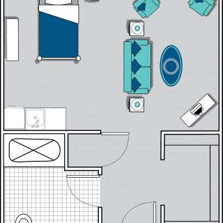 A detailed floor plan of an apartment showing the layout of a bedroom, bathroom, and living area with furniture.