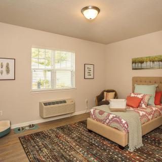 A cozy bedroom with stylish decor, featuring a bed, artwork, and a colorful rug.