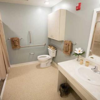 A spacious and accessible bathroom with a sink, toilet, and neatly hung towels.