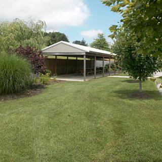 A serene garden view featuring a well-maintained lawn and a shaded structure.