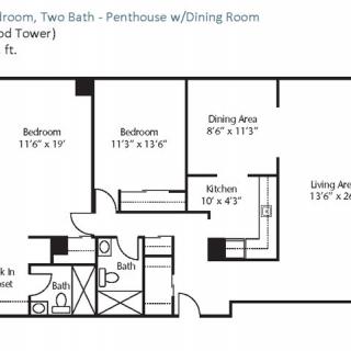 Floor plan of a two-bedroom, two-bath penthouse apartment with dining and living areas.